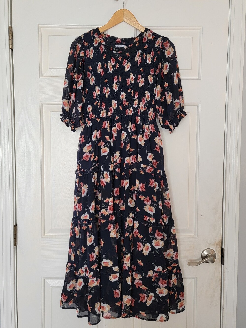 Modest Tiered Midi Blue Dress With Floral Pattern